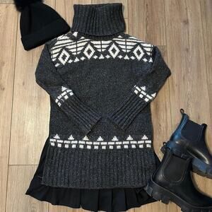 Grey & white mini sweater dress fair isle pattern cowl turtleneck‎ merino wool